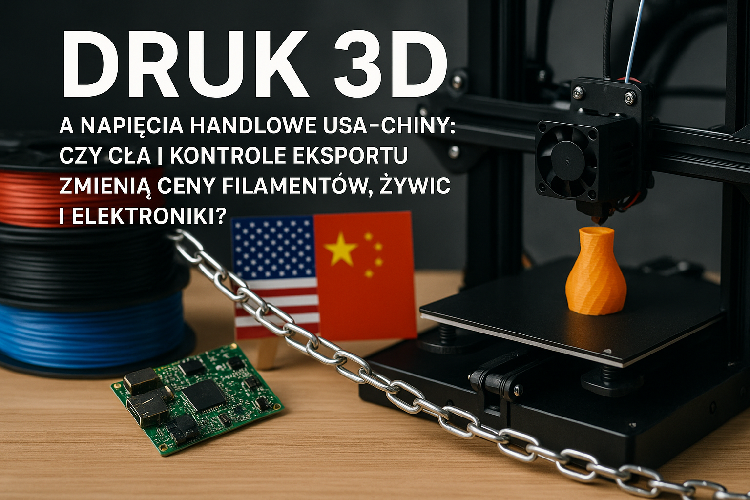 Druk 3D a napięcia handlowe USA–Chiny: czy cła i kontrole eksportu zmienią ceny filamentów, żywic i elektroniki?